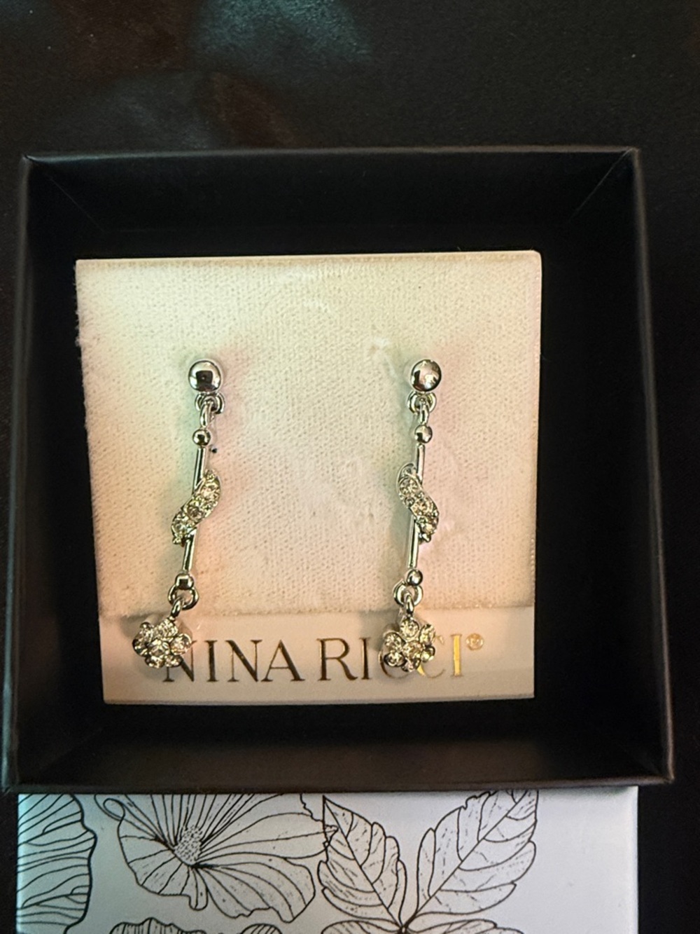 Nina Ricci Silver Crystal Floral Drop Earrings - Picture 3 of 4